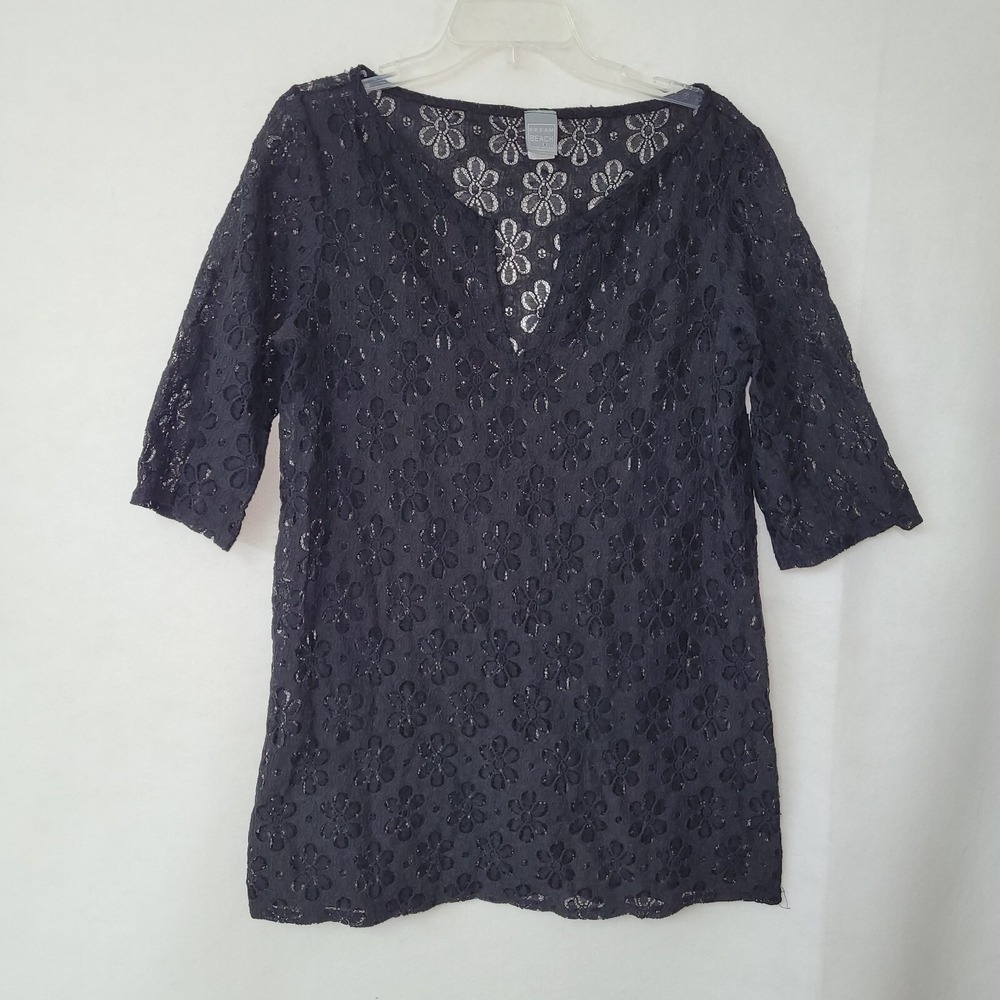 Dream Beach Womens Black Floral Lace Tunic Top V‎ Neck Elbow Sleeve Large USA